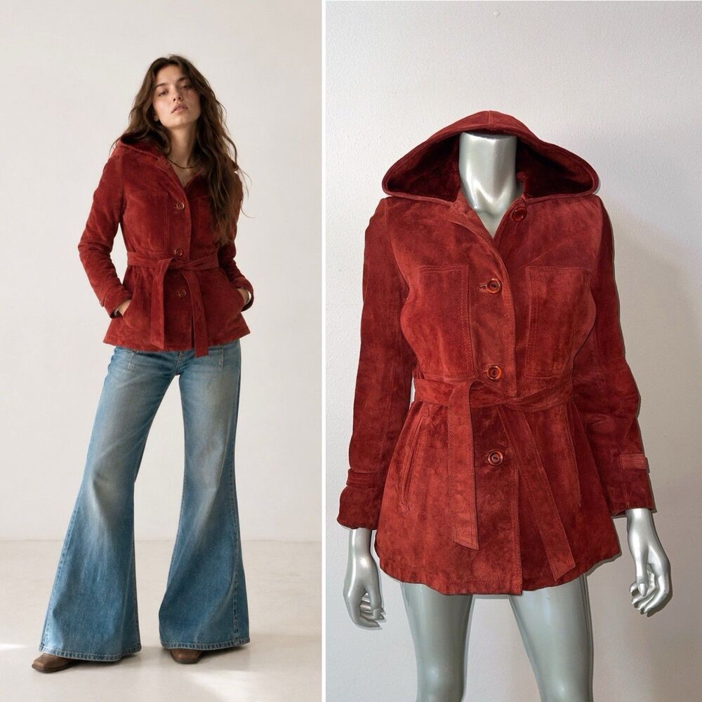 Vintage 1970s Burnt Rust Suede Leather Jacket Small Hooded Belted Sherpa Lined